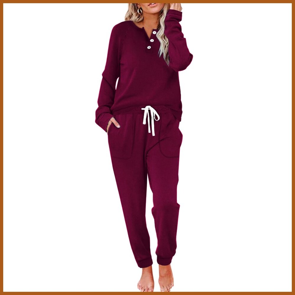 Polyester Spandex Sweatsuit Set with Button Down Top and Pockets